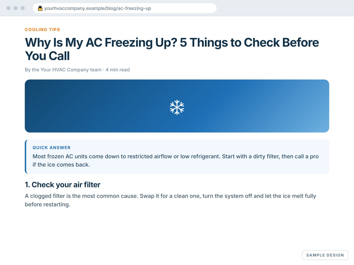 Sample blog article page titled Why Is My AC Freezing Up, with a quick-answer box and a clear first section.
