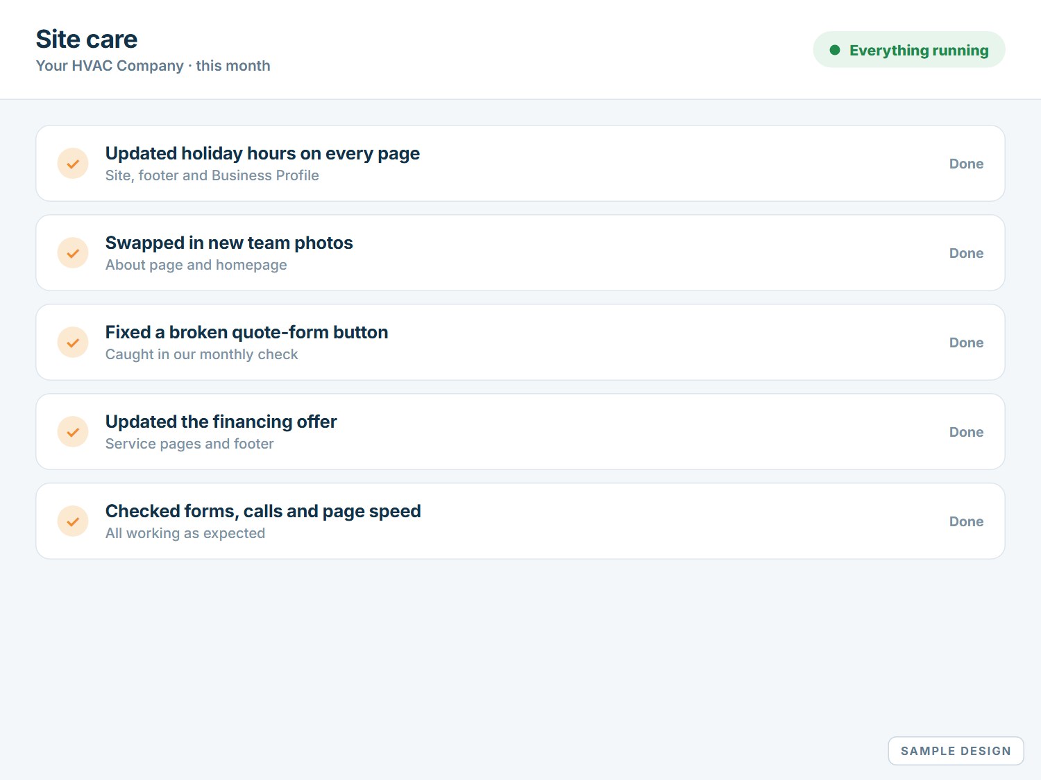 Sample site care log for a placeholder company called Your HVAC Company, listing completed updates and fixes with an Everything running status.