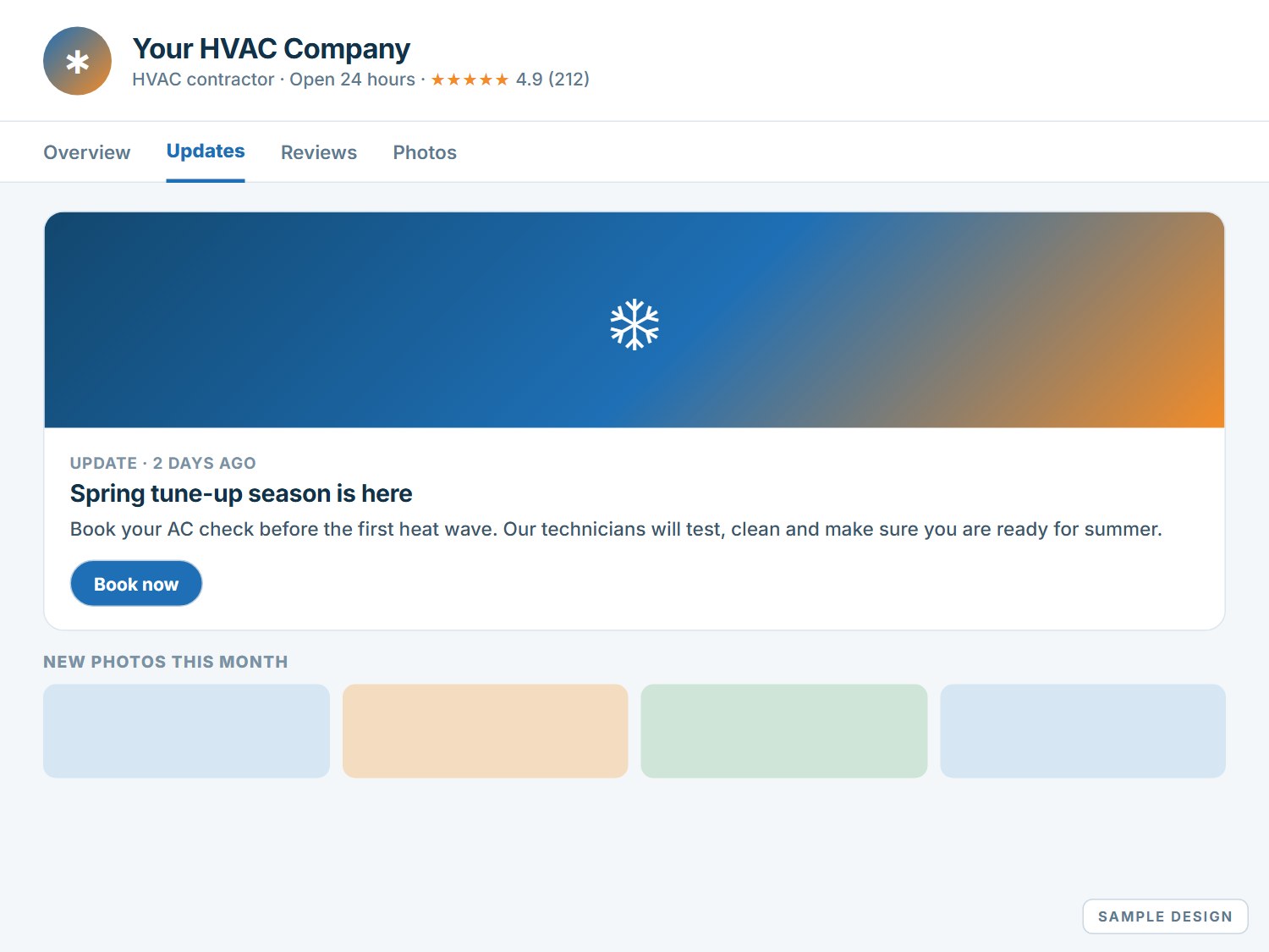 Sample Google-style Business Profile update post for a placeholder company called Your HVAC Company, with a seasonal tune-up message and new photos.
