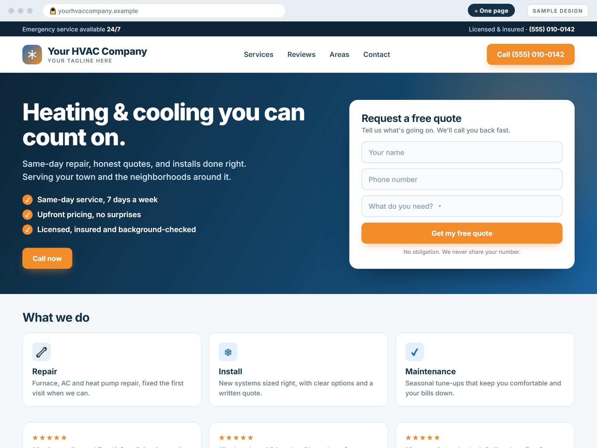 Custom Website Design 1 Sample one-page website design for a placeholder company called Your HVAC Company, with a free-quote form in the header area, services and customer reviews.