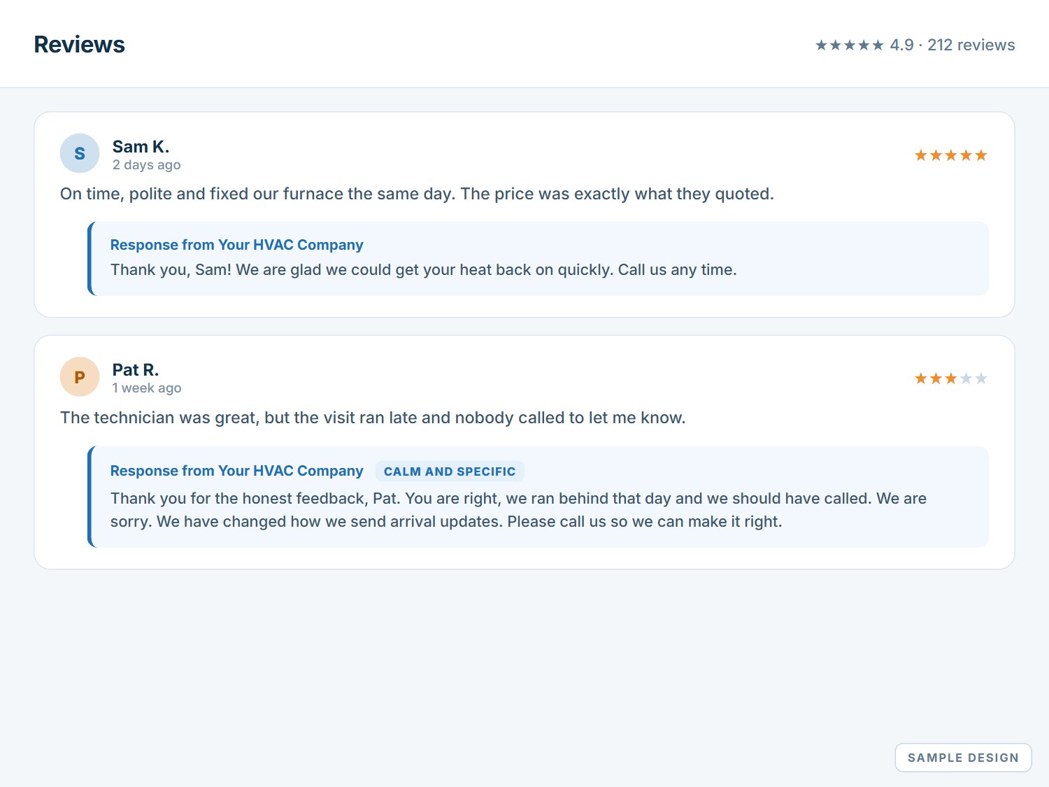 Sample review replies: a thank-you to a five-star review and a calm, specific response to a three-star review.