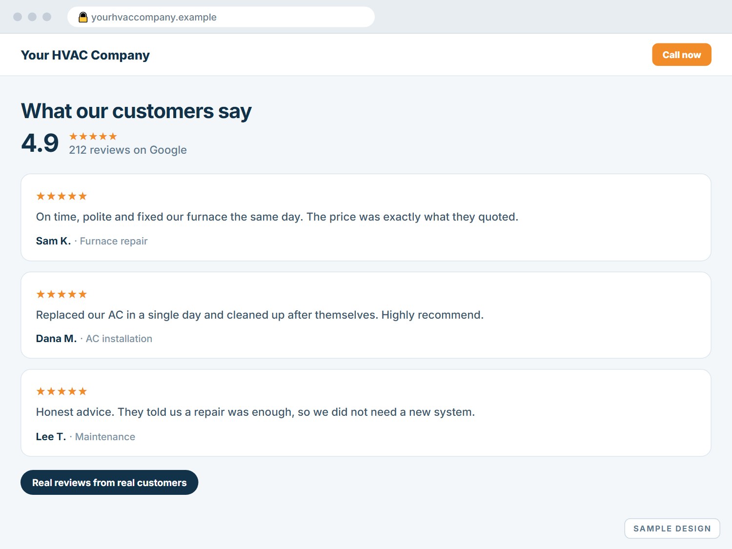 Sample website section titled What our customers say, showing a 4.9 rating and three customer reviews.