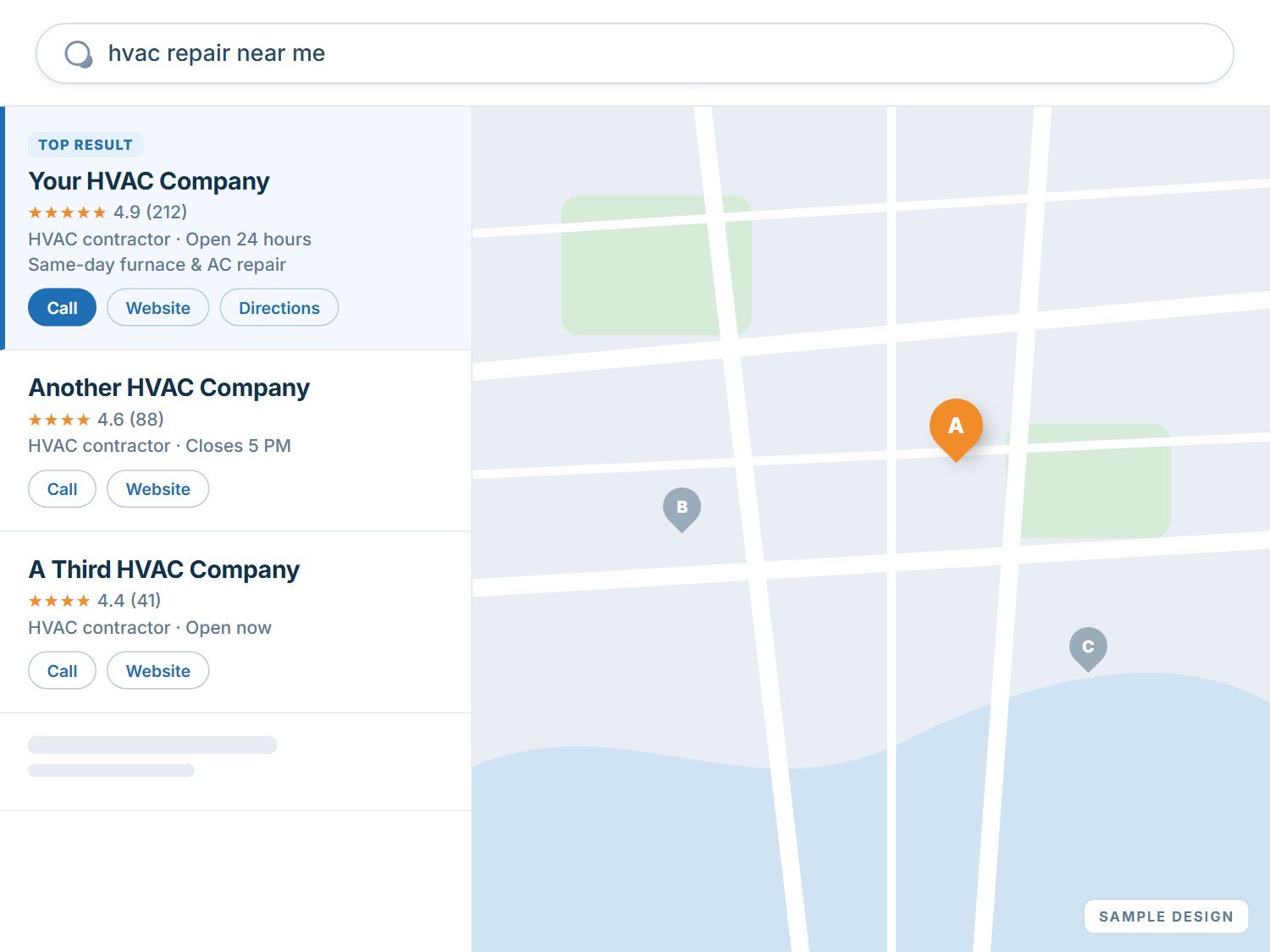 Local SEO & AEO 1 Sample local map results for the search hvac repair near me, with a placeholder company called Your HVAC Company listed first with 4.9 stars and call, website and directions buttons.